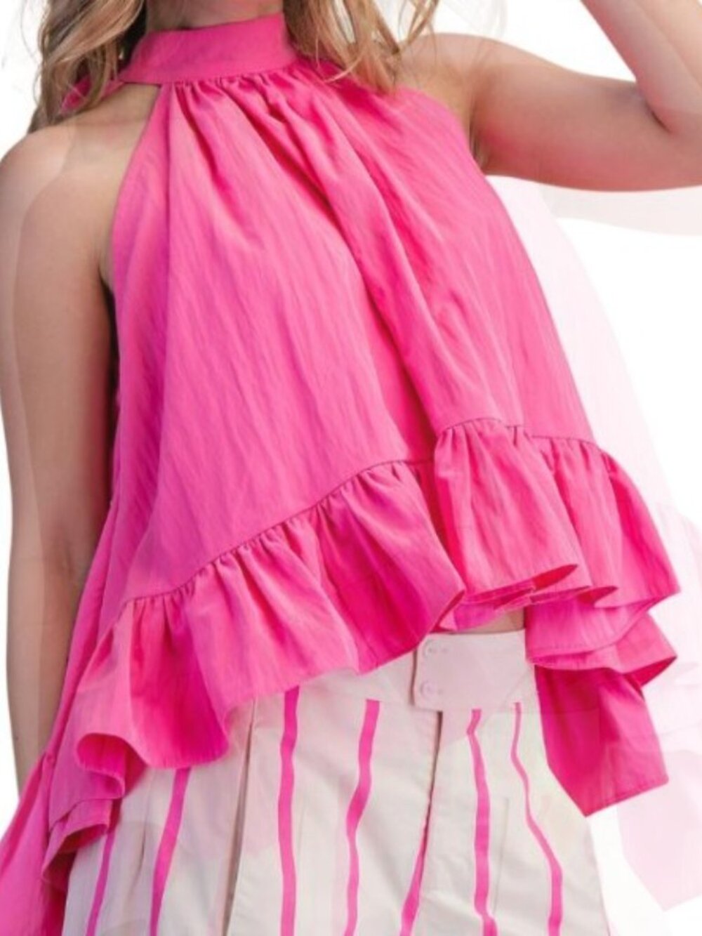Halter Neck Sleeveless Back Neck Tie Ruffle Top